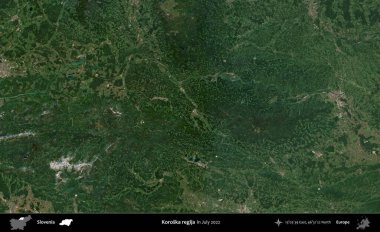 Koroska Rejimi. Slovenya 'nın idari alanı, Temmuz 2022' de çekilen Global Mozaik Sentinel-2 karolarından oluşan bir uydu görüntüsü üzerine kurulmuştur.