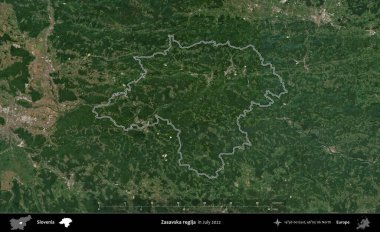 Zasavska regija. Slovenya 'nın idari alanı, Temmuz 2022' de çekilen Global Mozaik Sentinel-2 karolarından oluşan bir uydu görüntüsü üzerinde özetlendi.