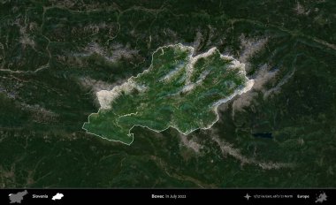 Bovec. Slovenya 'nın idari alanı, Temmuz 2022' de çekilen Global Mozaik Sentinel-2 karolarından oluşan koyu renkli bir uydu görüntüsü üzerinde vurgulandı ve özetlendi