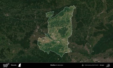 Brezice. Slovenya 'nın idari alanı, Temmuz 2022' de çekilen Global Mozaik Sentinel-2 karolarından oluşan koyu renkli bir uydu görüntüsü üzerinde vurgulandı ve özetlendi