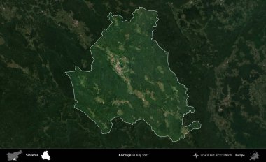 Kocevje. Slovenya 'nın idari alanı, Temmuz 2022' de çekilen Global Mozaik Sentinel-2 karolarından oluşan koyu renkli bir uydu görüntüsü üzerinde vurgulandı ve özetlendi