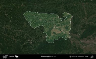 Posavska regija. Slovenya 'nın idari alanı, Temmuz 2022' de çekilen Global Mozaik Sentinel-2 karolarından oluşan koyu renkli bir uydu görüntüsü üzerinde vurgulandı ve özetlendi