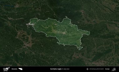 Savinjska regija. Slovenya 'nın idari alanı, Temmuz 2022' de çekilen Global Mozaik Sentinel-2 karolarından oluşan koyu renkli bir uydu görüntüsü üzerinde vurgulandı ve özetlendi