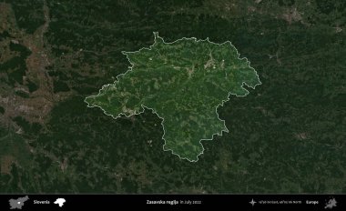 Zasavska regija. Slovenya 'nın idari alanı, Temmuz 2022' de çekilen Global Mozaik Sentinel-2 karolarından oluşan koyu renkli bir uydu görüntüsü üzerinde vurgulandı ve özetlendi