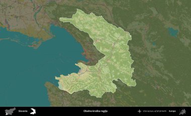 Obalno-kraska rejimi. Slovenya 'nın idari alanı koyu renkli bir Topografik İnsani Yardım Stili haritasına vurgulandı ve özetlendi