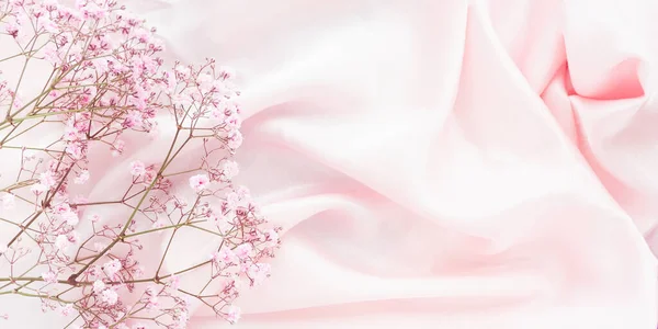 Banner Crumpled Satin Pink Fabric Branch Gypsophila Flower Copy Space — Stock Photo, Image