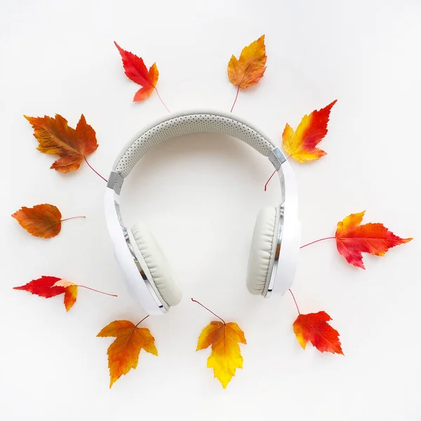 white headphones on a white background and red-yellow leaves around. concept autumn playlist.