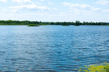 Güzel manzara koyu mavi göl, yeşil orman ve bulutlu gökyüzü