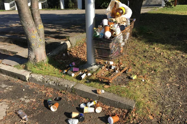 shopping cart piled with rubbish in the park. a pile of rubbish.