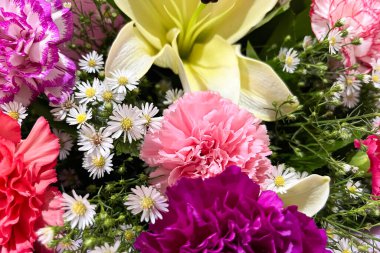 Karanfilli, zambaklı ve papatyalı güzel bir çiçek buketi..