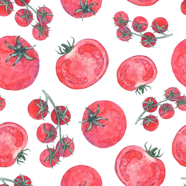 Acuarela Tomates Rojos Frescos Tomates Cherry Patrón Sin Costura Dibujado — Foto de Stock
