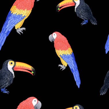 Egzotik tukan ve papağan kuşu. Suluboya kusursuz desen