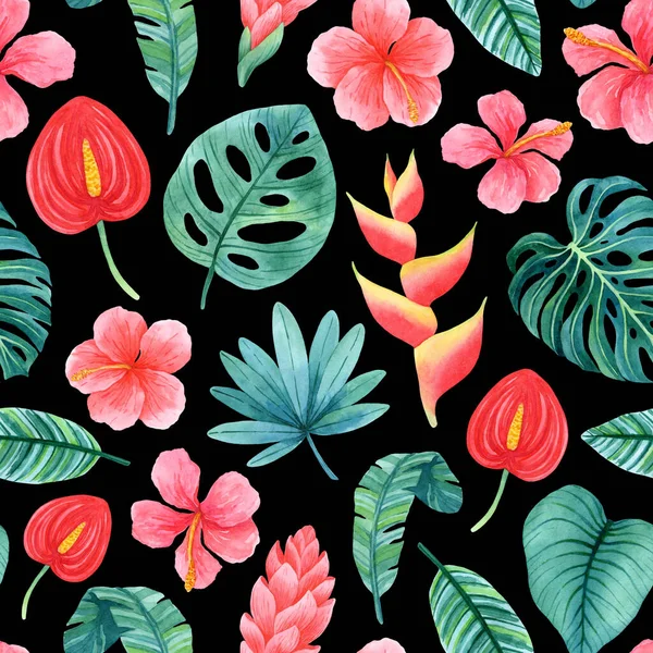 Seamless pattern with hand-drawn leaves and flowers inspired by lush tropical greenery. — Stock Photo, Image