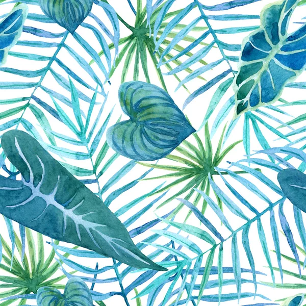 Seamless Pattern Lush Greenery Tropical Plants Hand Painted Background Bright — Stock Photo, Image