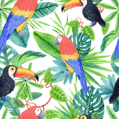 Hand-drawn watercolor toucan, macaw parrot and lush leaves. Bright tropical nature.