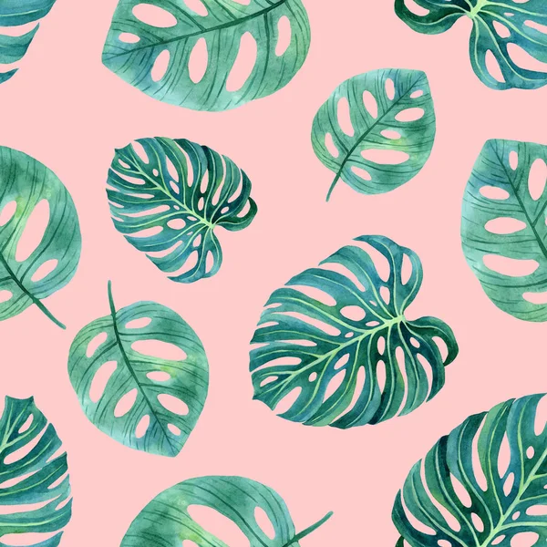 Hand-drawn endless watercolor pattern of tropical monstera leaves. — Photo