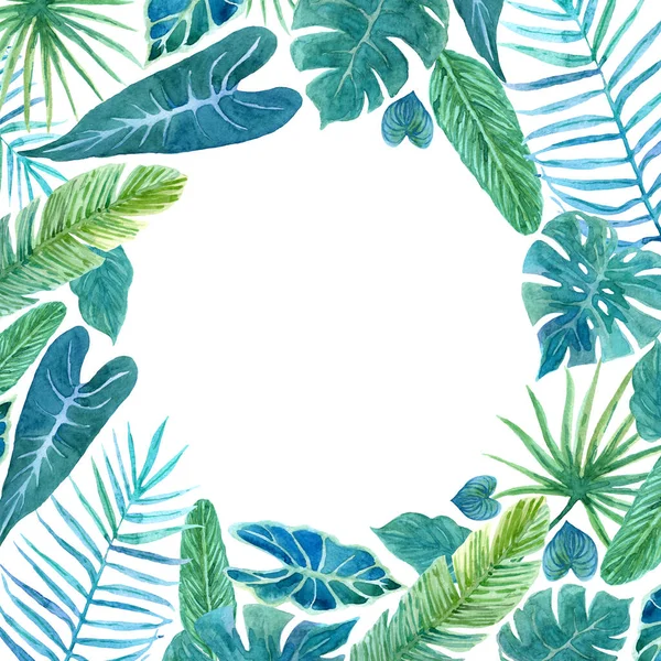 Composição aquarela de folhas tropicais. Quadro da ilustração exuberante da folhagem — Fotografia de Stock