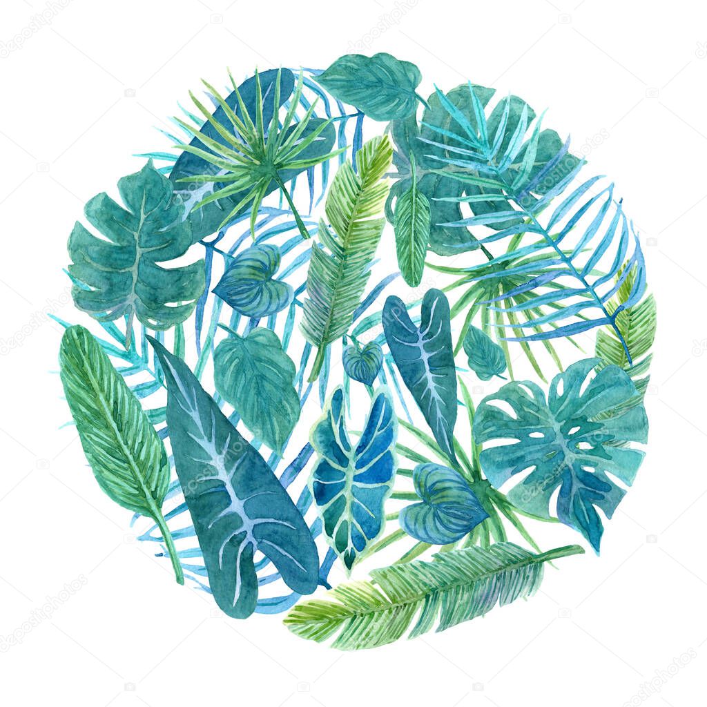 Composition of tropical leaves in the shape of a circle. Watercolor illustration