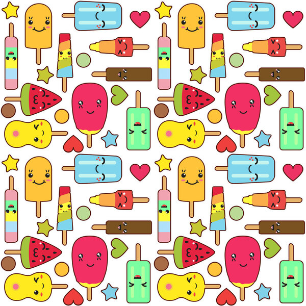 Kawaii ice cream and popsicles cute seamless pattern
