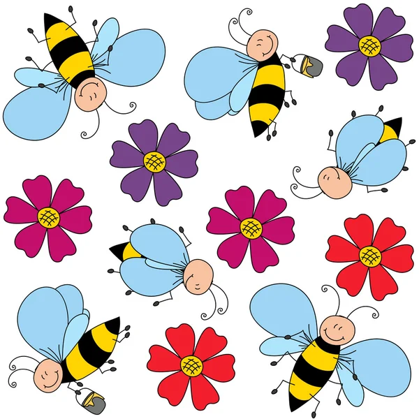 İzole arılar ve beyaz arka plan üzerinde Dikişsiz desen çizim çiçek