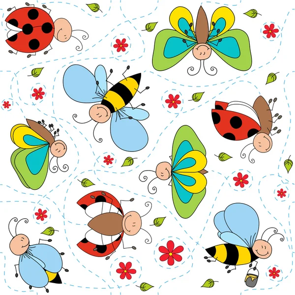 Padrão de insetos bonito com abelhas, borboletas e joaninhas — Vetor de Stock