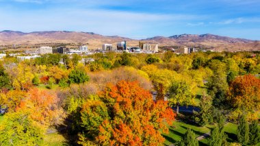 Sonbahar ağaçları bir şehir parkını Boise Idaho siluetiyle dolduruyor.