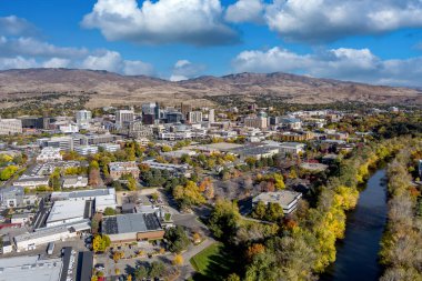 Boise şehrinin eşsiz manzarası. Nehir ve devrilen ağaçlar.