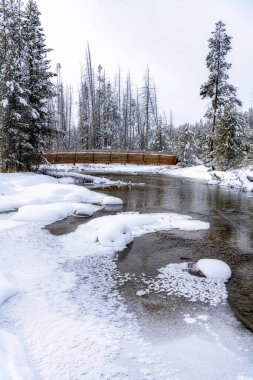 Buz gibi bir dere boyunca, tahta köprüsü olan taze kar.