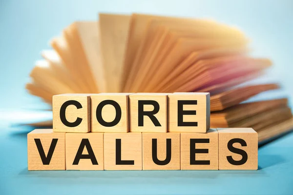 Wooden Cubes Abbreviation Core Values Background Open Book — Stock Photo, Image