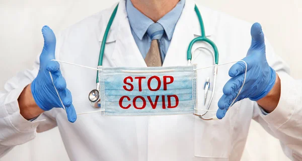 Doctor Wearing Protective Mask Inscription Stop Covid Healthcare Concept — Stock Photo, Image