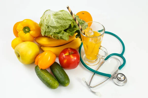 Nutrición Alimentación Saludable Frutas Verduras Jugos Estetoscopios —  Fotos de Stock