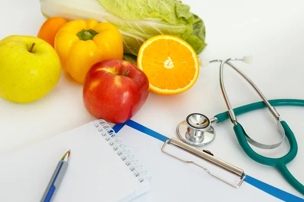 Nutrición Alimentación Saludable Frutas Verduras Jugos Estetoscopios — Foto de Stock