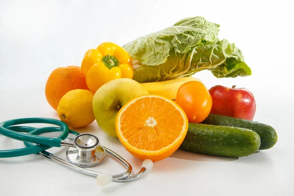 Nutrición Alimentación Saludable Frutas Verduras Jugos Estetoscopios — Foto de Stock