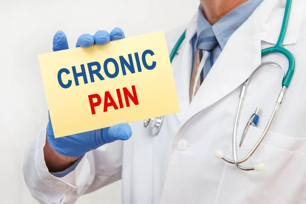 Close-up of a male doctor in gloves holding a sign with the text CHRONIC RELIEF