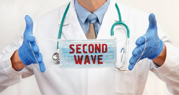 Lékař Ochrannou Masku Nápisem Second Wave Coronavirus Koncept Zdravotní Péče — Stock fotografie