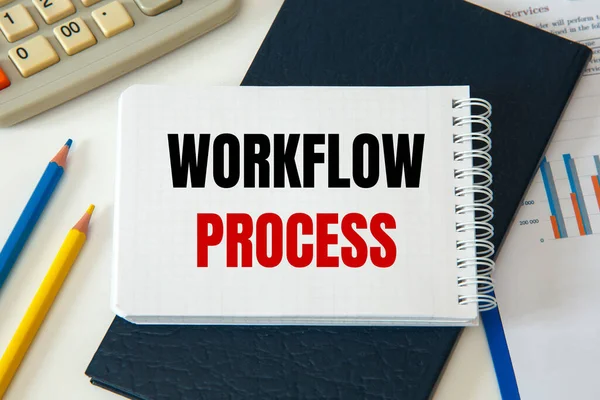 WORKFLOW PROCESS is written on a notepad, on an office desk with office accessories.
