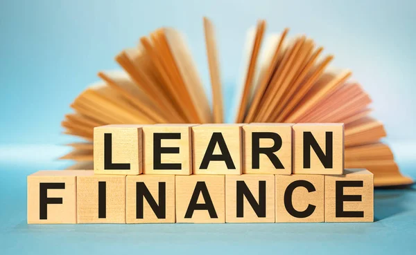 Wooden cubes with the abbreviation LEARN FINANCE on the background of an open book.