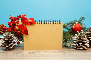 Mavi arka plan, gözlük ve Noel oyuncakları için yazıtlar için bir el kitabı.