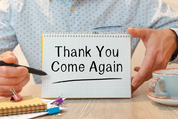 Notebook Text Thank You Come Again Office Table Stationery — Stock Photo, Image