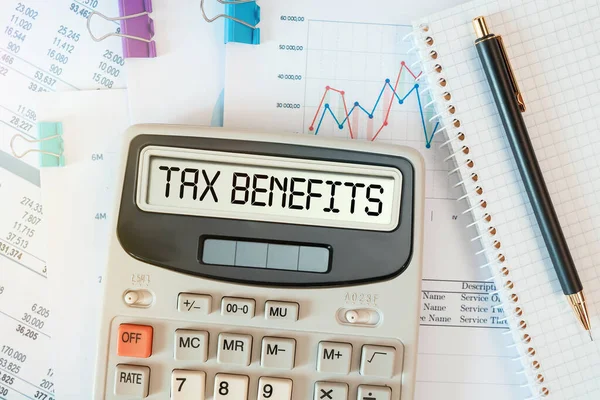 Tax Benefits Słowo Kalkulator Pojęcie Działalności Gospodarczej Podatkowej — Zdjęcie stockowe