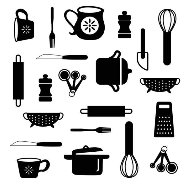 Black Monochrome Silhouettes Kitchen Accessories White Background — Stock Vector