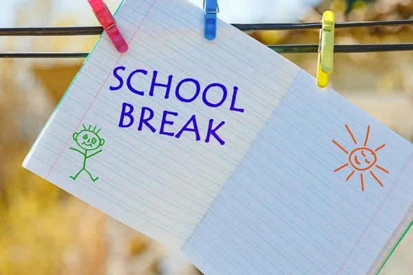 School Notebook Inscription School Break Hanging Clothespins — Zdjęcie stockowe