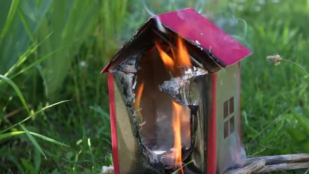 Ένα Χάρτινο Σπίτι Και Γρασίδι Είναι Τυλιγμένα Στις Φλόγες Έννοια — Αρχείο Βίντεο