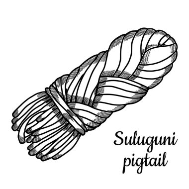 Suluguni At Kuyruğu El Çizimi. Geleneksel Gürcistan Tütsülenmiş Peyniri. İşleme Tarzı Süt Ürünleri Çizimi. Paketleme, restoran menüsü ya da organik tarım markası tasarımı için tasarım. Vektör İllüstrasyonu