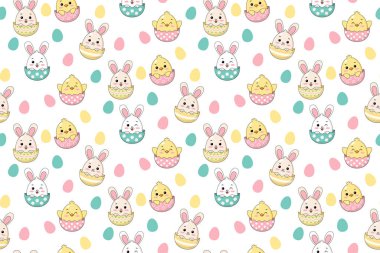 Mutlu tavşanlar ve yumurta kabuklu sarı civcivler içeren sevimli, pürüzsüz vektör desenleri. Papatya çiçekleri ve renkli Paskalya yumurtalarıyla bahar tatili geçmişi. Çocuk tekstili, çocuk giysisi, ambalaj kağıdı ve şenlikli kırtasiye için mükemmel.