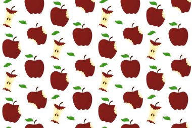 Kırmızı elmalar, ısırılmış meyve şekilleri ve tohumlu arta kalan çekirdekleri içeren eğlenceli, pürüzsüz vektör deseni. Beyaz arka planda küçük yeşil yapraklarla süslenmiş. Bu eğlenceli daire tasarımı çevre dostu ambalaj ve gıda atığı kavramları için mükemmel.,