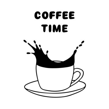 Dinamik bir sıvı sıçraması olan bir fincan fincan üzerinde minimalist siyah ve beyaz vektör çizimi. 