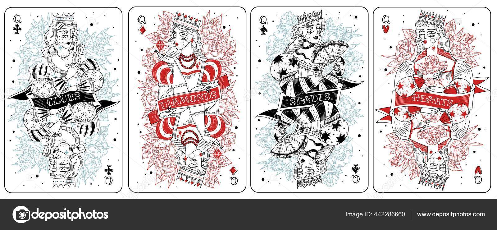 Playing cards queens set. Playing cards queens set. Vintage gamble