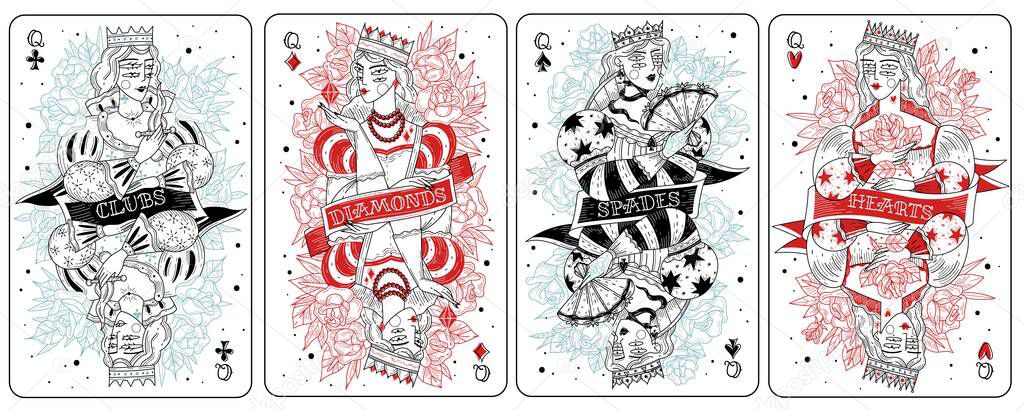 Playing cards queens set. Playing cards queens set. Vintage gamble, engraving diamonds, clubs, spades, hearts, hand drawn high detail deck part, poker game. Vector set