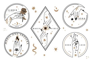 Hands hold items. Vector emblems